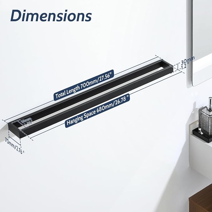 Sayayo Matte Black Towel Bar for Bathroom, 27.5 Inch Hand Towel Holder Wall Mount Square Towel Ring SUS304 Stainless Steel Towel Rack