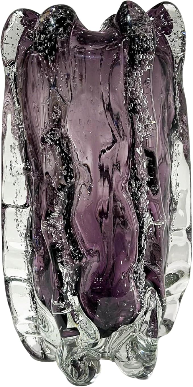 Blown Glass Bubble with Ruffled Edge Vase, Art Glass for Home Decor, Tall Vases for Centerpieces & Flowers, Crystal-Like for Bouquets & Pampas Grass, Vases Amber, Flower Bouquet Display (Purple, L)
