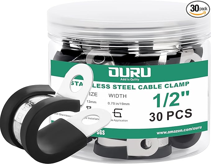 OURU 1/2-Inch Stainless Steel Rubber Coated Pipe & Wire Clamps (30pcs, Black, 13mm)