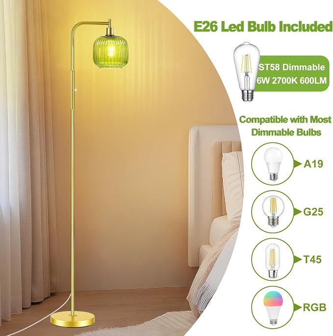 Dimmable Gold Floor Lamp with Ribbed Shade, Vintage Green Standing Lamp dimmable with Solid Base, Arc Floor Lamps Glass for Living Room, Bedroom, Office, Decorative Tall Corner Lamps Gift Use
