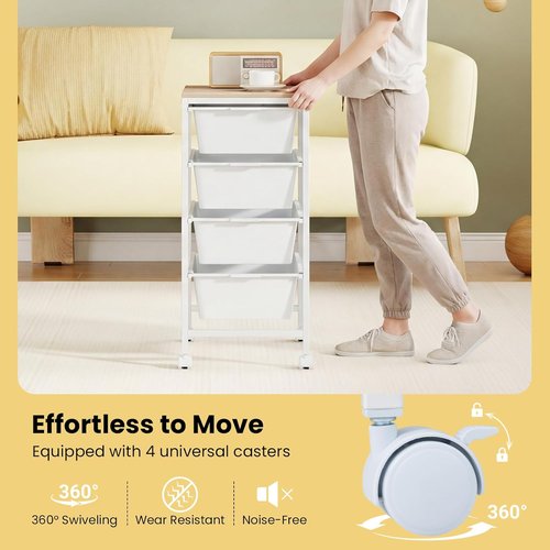 LDAILY 4-Drawer Rolling Storage Cart - Metal Frame with Wooden Tabletop & Lockable Wheels | White