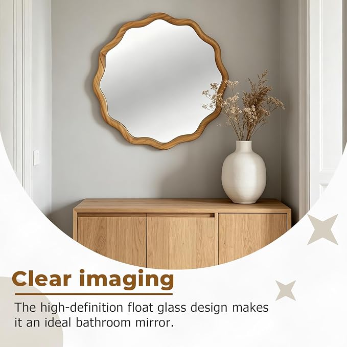 24" Wavy Edge Round Mirror, Solid Wood Framed Wall Decor with Clear Reflection for Bathroom, Bedroom, Living Room & Entryway (Oak)