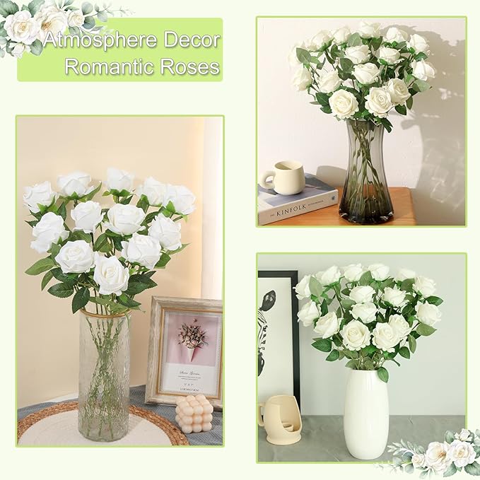 50Pcs White Roses Artificial Flowers Fake Roses Faux Velvet Silk Flower for Home Wedding Decoration (Pearl Rose, White)