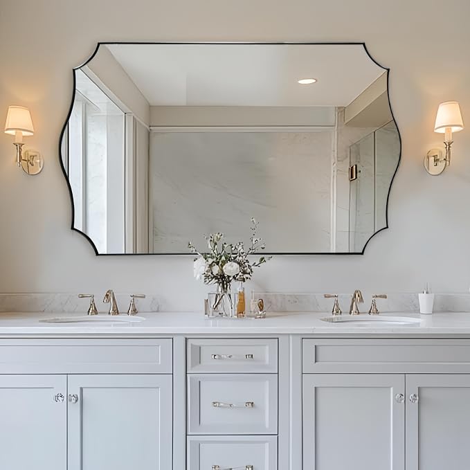 ANDY STAR 30x48 Inch Large Chrome Mirror, Polished Chrome Bathroom Mirror, Modern Rectangle Mirror with Wavy Design Ideal for Home Decor, Rust-Proof Stainless Steel Metal Frame