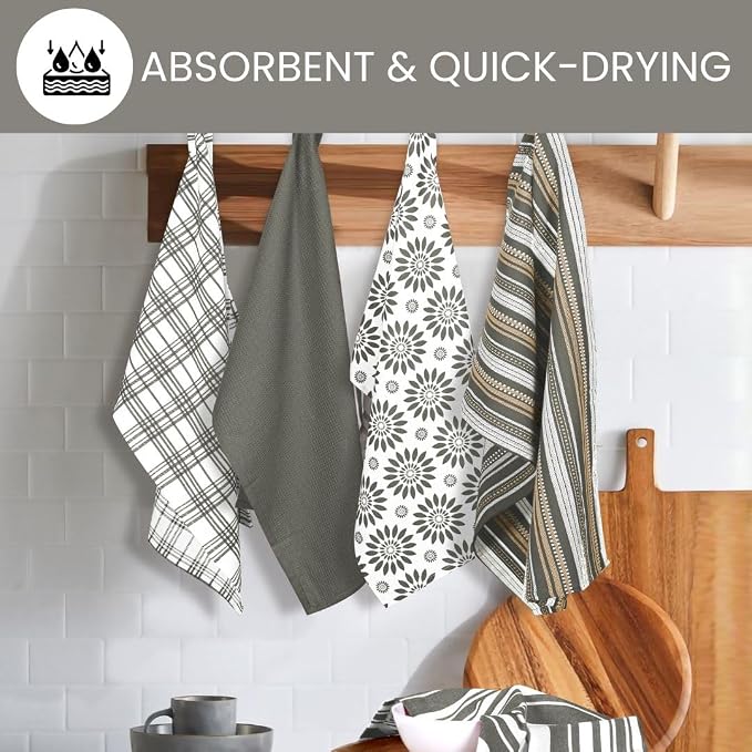 Assorted Kitchen Towels Large 16x26 inches 100% Cotton Set of 5 - Soft Absorbent Tea Towel for Kitchen - Quick Drying Dish Towels - Dish Cloths with Hanging Loop - Grey