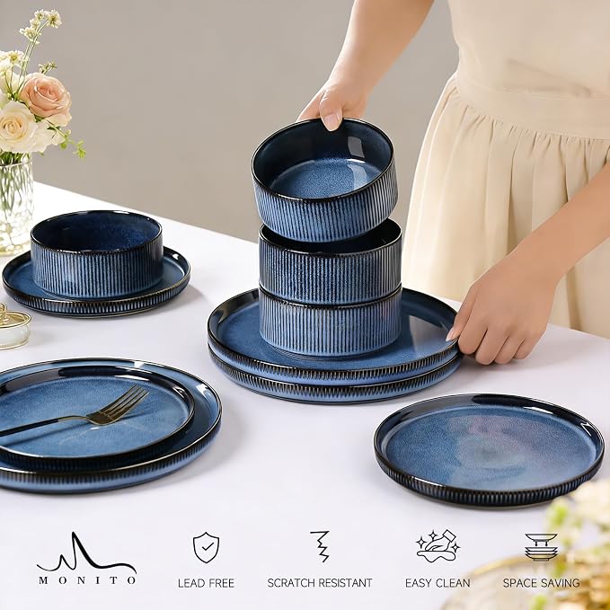MONITO Ceramic Dinnerware Sets for 6, 18PCS Stoneware Plates and Bowls Sets, Reactive Glaze Dish Set, Chip and Scratch Resistant Double, Microwave and Dishwasher Safe, Dark Blue