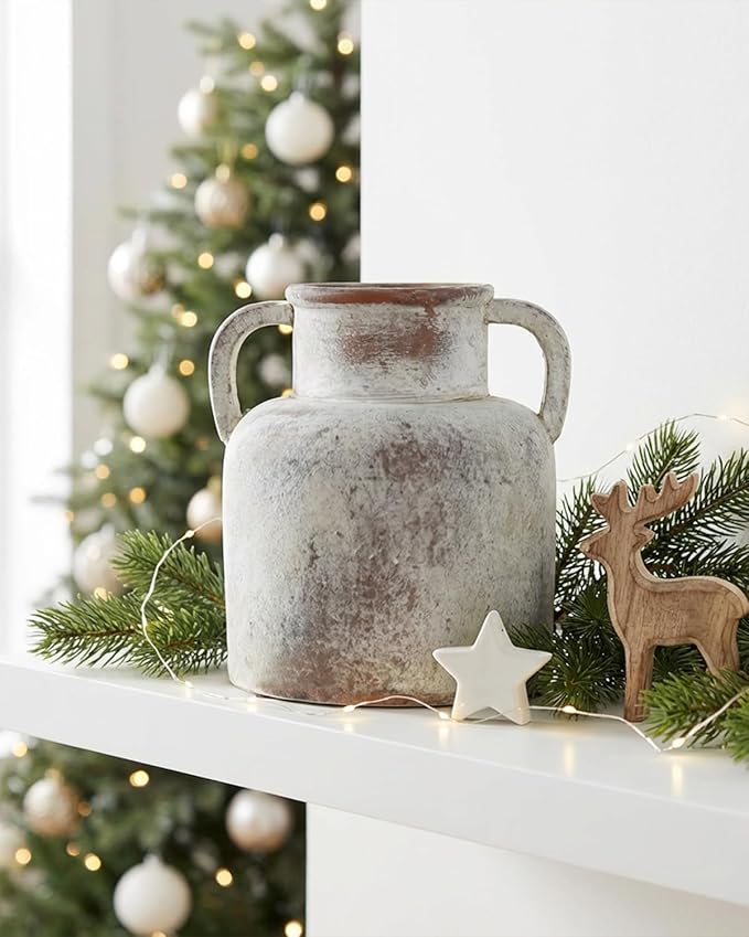 Ceramic Vase with Handles, 6.3 Inch Rustic Flower Vase, Farmhouse Table Decor, Distressed Terracotta Jug for Home Decor, Vintage Centerpieces for Tables, Shelf, Mantel, Living Room Decoration