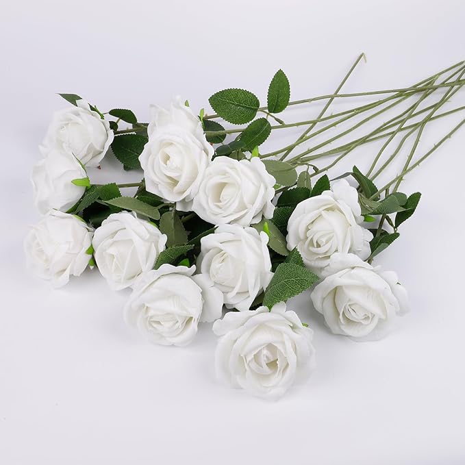 12 Pcs Artificial Rose Flowers, Silk Roses with Long Stems, Realistic Fake Roses for Wedding Centerpiece Party Home and Office DIY Decor, White