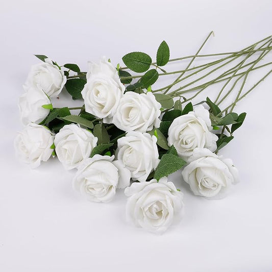 12 Pcs Artificial Rose Flowers, Silk Roses with Long Stems, Realistic Fake Roses for Wedding Centerpiece Party Home and Office DIY Decor, White