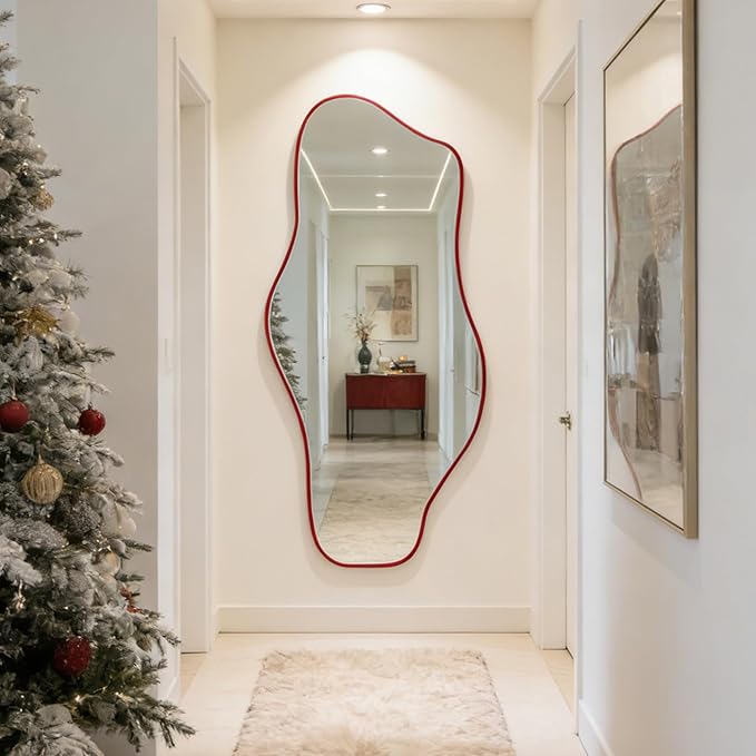 Irregular Mirror Full Length, 67"x31" Red Asymmetrical Tempered Glass Mirror, Large Organic Frameless Wall Mirrors for Entryway Hallway Bedroom Living Room, Horizontal or Vertical Hanging