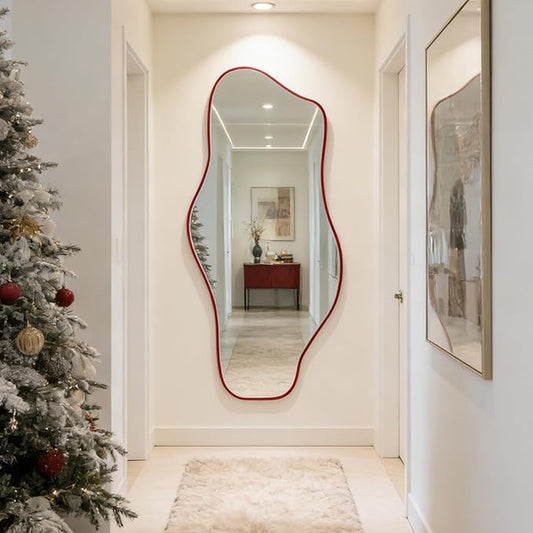 Irregular Mirror Full Length, 67"x31" Red Asymmetrical Tempered Glass Mirror, Large Organic Frameless Wall Mirrors for Entryway Hallway Bedroom Living Room, Horizontal or Vertical Hanging