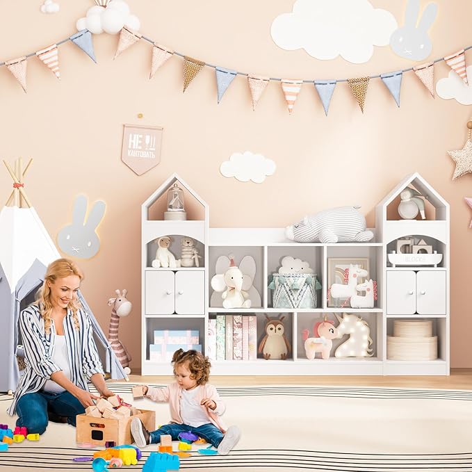 Castle Shape Children's Bookshelf, Kids Bookcase Display Case Kids Toy Storage Organizer Multifunctional Storage Cabinet Bookshelf Suitable for Playroom, Children's Room, Living Room, White