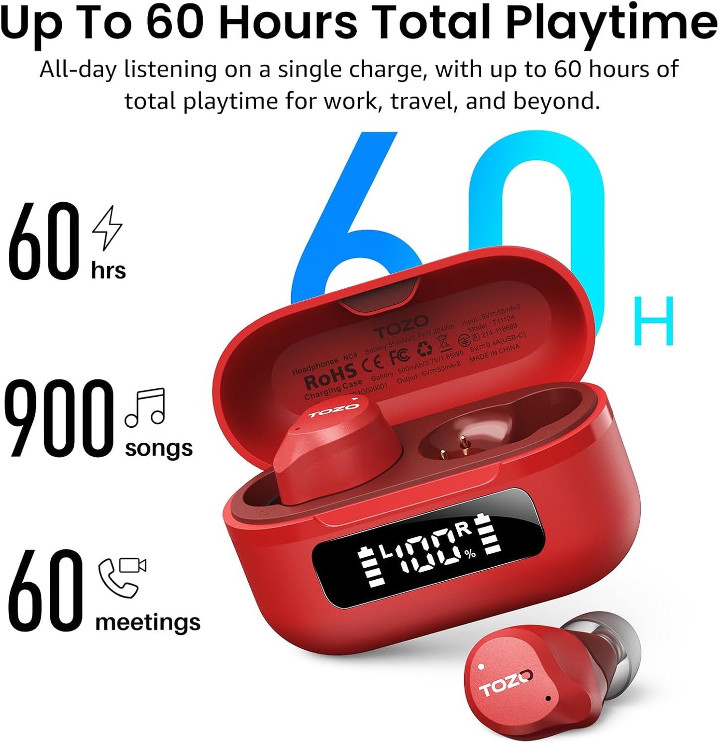 TOZO NC9 Wireless Earbuds - Hybrid Active Noise Cancelling, IPX8 Waterproof, 60H Playtime, Bluetooth 5.3