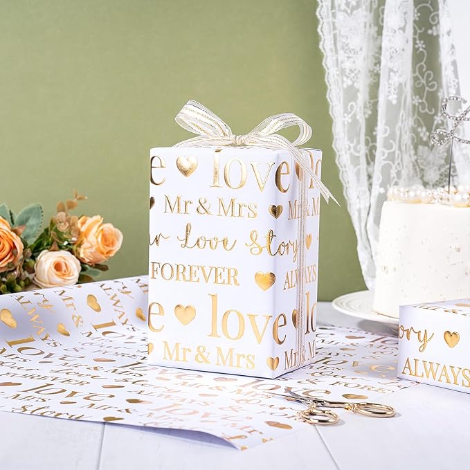 RUSPEPA Wedding Wrapping Paper Large Roll, Jumbo Roll, White and Gold Foil Love & Mr & Mrs Design, Romantic Gift Wrap for Wedding, Bridal Shower, Anniversary, Engagement, 30 Inches x 16.4 Feet