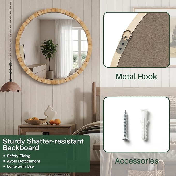 Wood Round Wall Mirror - 31.5" Farmhouse Rustic Wall Decorative Mirrors, Wooden Circle Boho Accent Mirror for Living Room, Bedroom, Bathroom, Hallway, Fireplace, (Natural)