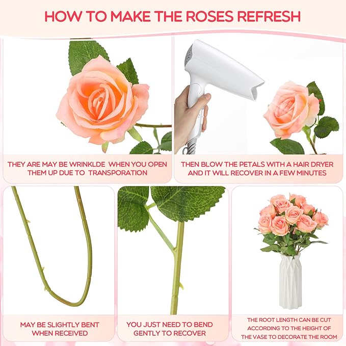 Jexine 50 Pcs Artificial Rose Flower Bulk Realistic Silk Fake Roses with Long Stem Plastic Artificial Flower Bouquet Real Looking for Home Wedding Centerpieces Party Decoration(Champagne)