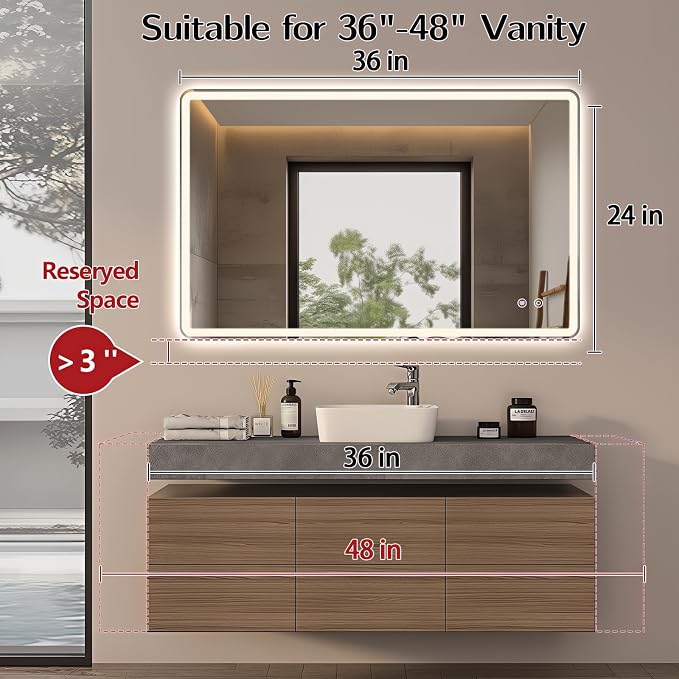 Niccy 24"x36" LED Bathroom Mirror, Rectangle Vanity Mirrors with Lights, Frontlit & Backlit Lighted Vanity Mirror, Memory Funtion, 3 Colors & Stepless Dimmable, Anti-Fog, Horizontal/Vertical