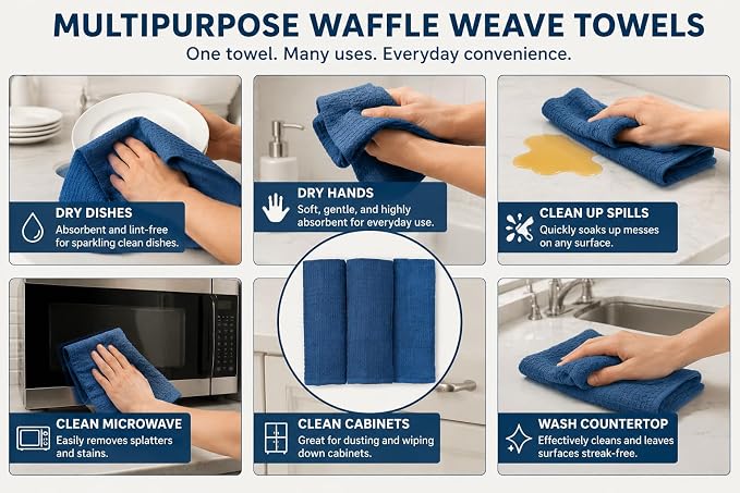 Serafina Home Waffle Blue Kitchen Dish Towels 100% Cotton Cloth Soft Cleaning Drying Absorbent Terry Box Loop: Set of 3 Multipurpose for Everyday Use, 18" x 28" (Blue Box)