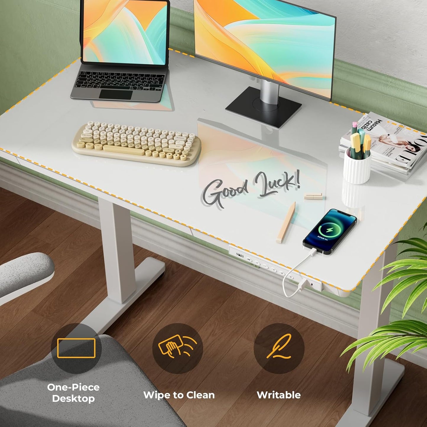 Skiennix Glass Electric Standing Desk - Height Adjustable with Drawer & USB Ports | 35" x 20" White