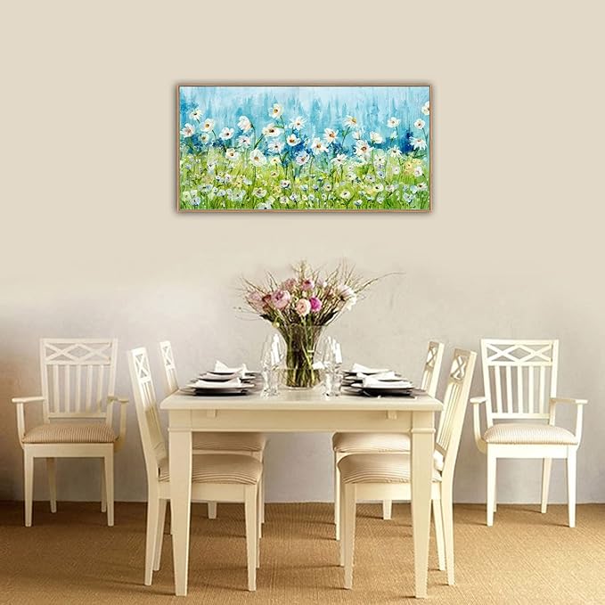 Framed Wall Art Wildflowers Canvas Pictures Living Room Wall Decor Abstract White Daisy Floral Prints Spring Landscape Painting Green Grass Artwork for Bedroom Kitchen Home Office Decor 20"x40"