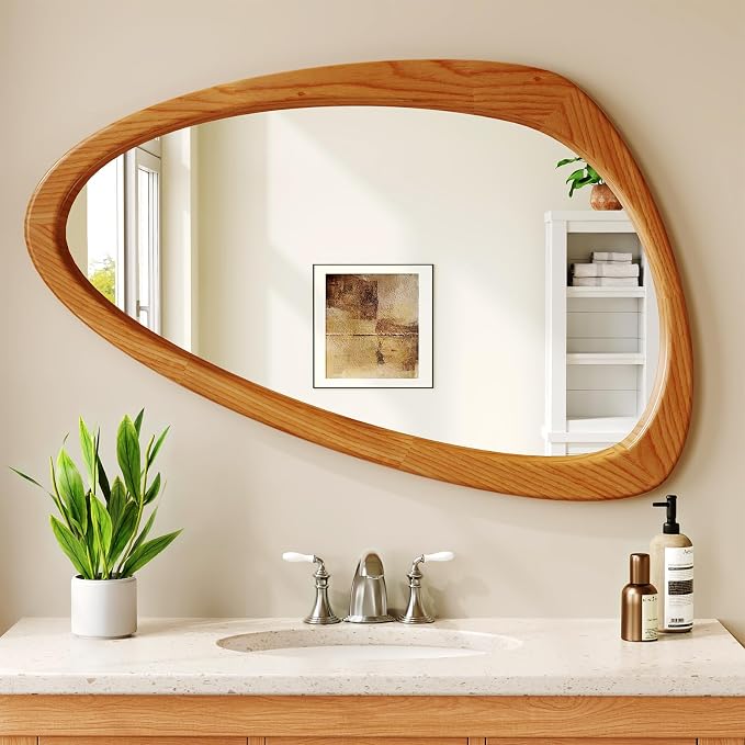Asymmetrical Wall Mirror, 23x36 Inch Mid Century Modern Mirror, Irregular Wall Mirrors with Pine Wooden Frame for Living Room Bedroom Bathroom Entryway Hangs Horizontally or Vertically
