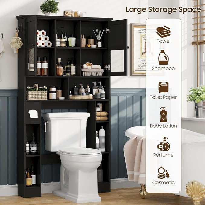 Over The Toilet Storage Cabinet, Bathroom Shelf Over Toilet with Hammered Grain Glass Doors and Adjustable Shelves, Freestanding Home Space Save Toilet Rack for Restroom, Bathroom, Laundry (Black)