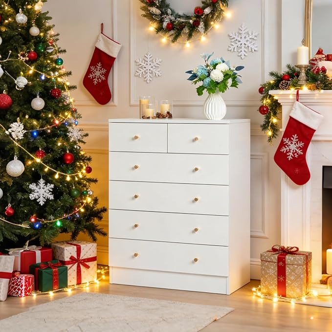 Karl home White 6 Drawer Dresser for Bedroom, Tall Dresser Chest of Drawers, Wood Bedroom Dressers Clothes Organizer, Anti-Tipping Device, Rose Gold Metal Handle, Living Room, Entryway, Office
