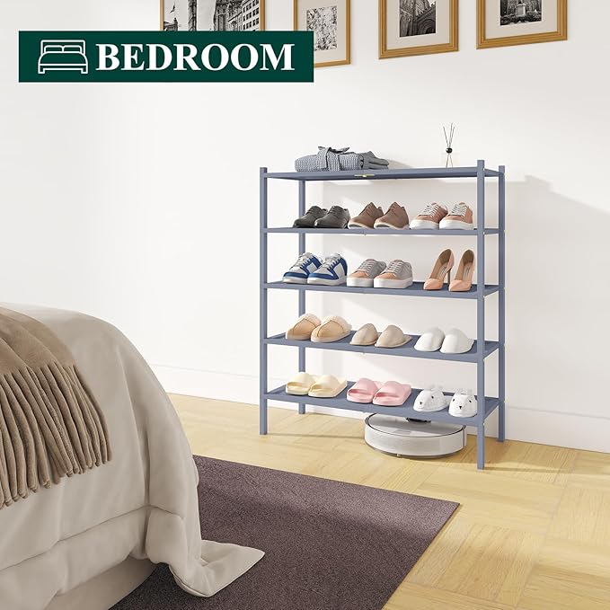 Smiry Bamboo Shoe Rack, 5 Tier Shoe Organizer for Entryway & Closet, Stackable Free Standing Storage Shelf for Shoes, Bags & Plants, Grey