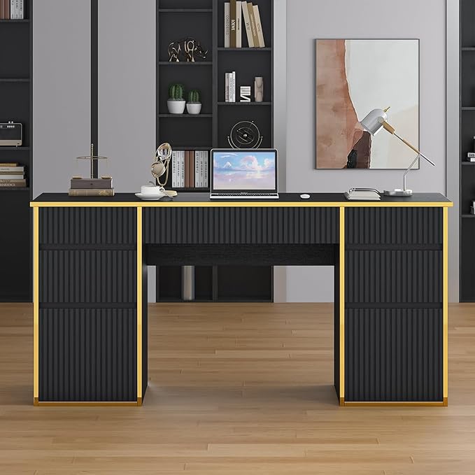 58 Inch Executive Desk with 7 Drawers, Black and Gold Desk with File Drawers for Bedroom, Home Office Desk with Storage for Study, Living Room