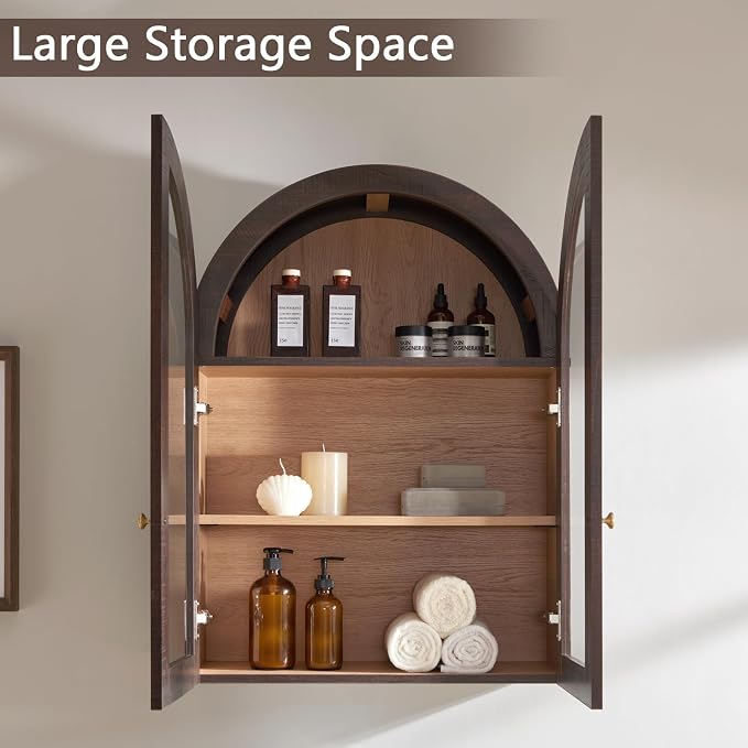 Bathroom Arched Wall Cabinet Over The Toilet Storage Cabinet, 23.5×31.4 Inch bathroom cabinet wall mount with Glass Doors & Adjustable Shelves, Wood Cabinet for Laundry Room, Bedroom Kitchen, Brown