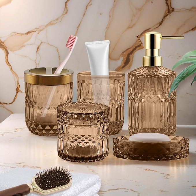 5Pcs Brown Bathroom Accessories Set, Glass Bathroom Accessories, Vintage Bathroom Countertop Decoration Includes Soap Dispenser, Toothbrush Holder, Qtip Holder,Soap Dish and Rinsing Cup