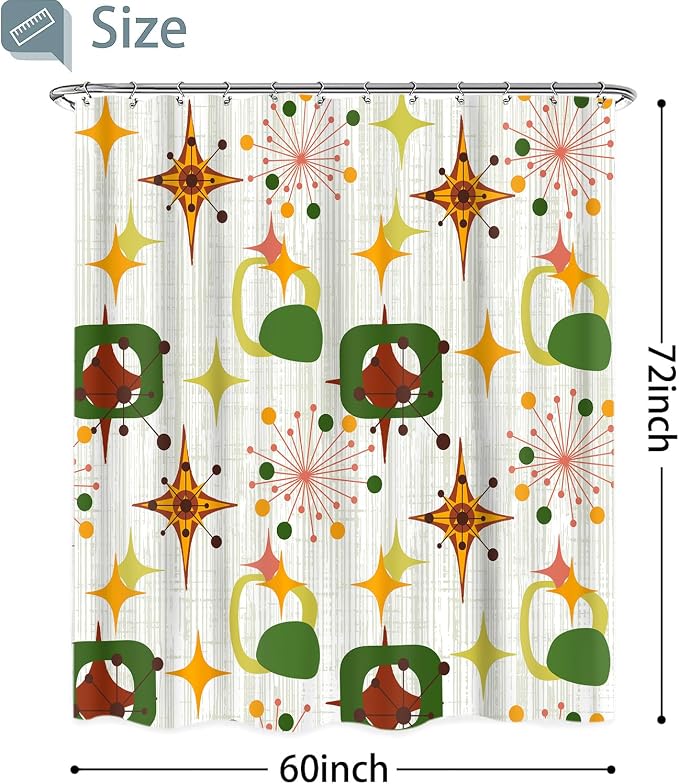 Mid Century Shower Curtain, 60x72inch, Modern Abstract Retro Green Striped Geometric Shower Curtain Sets 1950s Boho Bathroom Shower Curtain with 10 Hooks