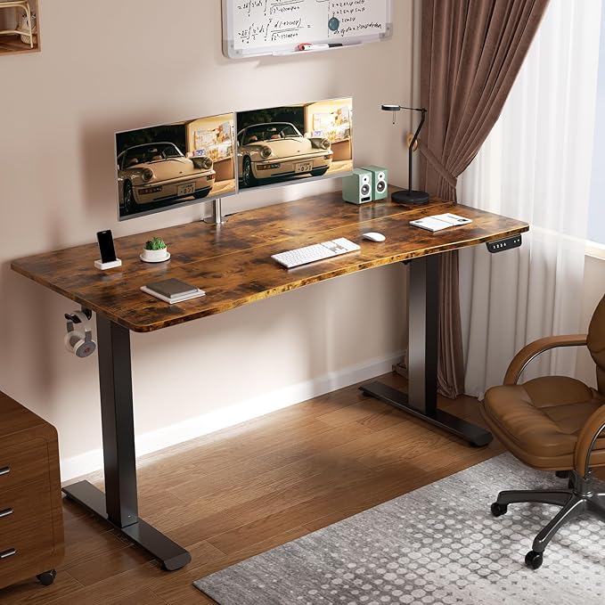 Veken 55 x 28 Inch Electric Standing Desk with Adjustable Height, Sit to Stand Computer Table for Study, Work or Gaming, Home Office Desk Brown