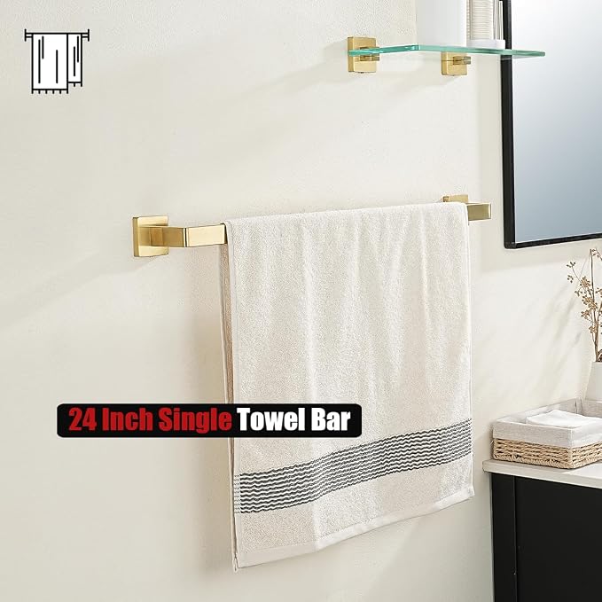 JQK Gold Towel Bar, Rounded Edges 26.41 Inch Towel Rack, 304 Stainless Steel Bathroom Wall Mount, Useable Length 24 Inch, TB250L24-BG