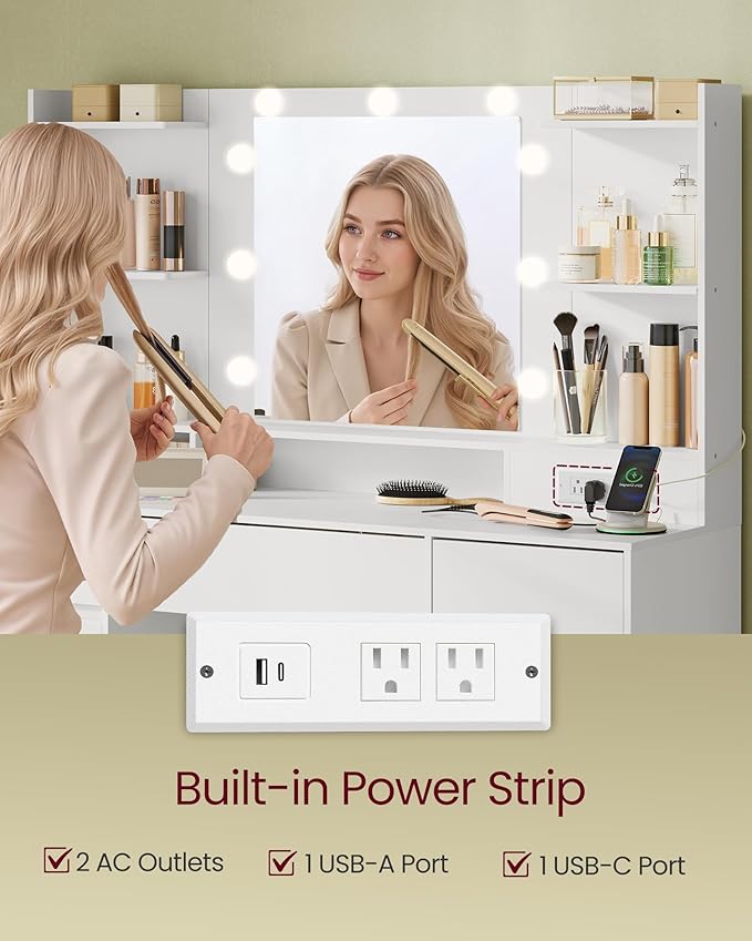 VASAGLE Kailyn Collection - Vanity Desk with Mirror and 9 LED Bulbs, Vanity Makeup Table with Power Outlets, Dressing Table with 9 Drawers, for Bedroom, Cloud White URDT141WB01S