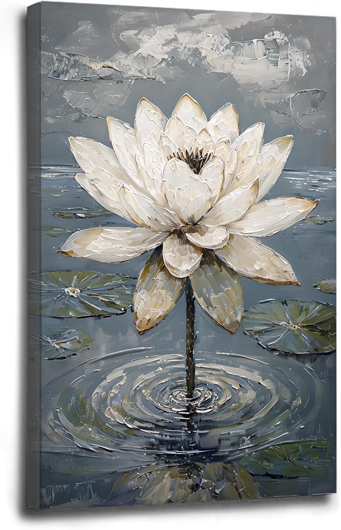 Stunning white lotus emerges from prismatic water with delicate petals background Serene aquatic wall art suitable for modern minimalist decor 24x36in Wood Framed