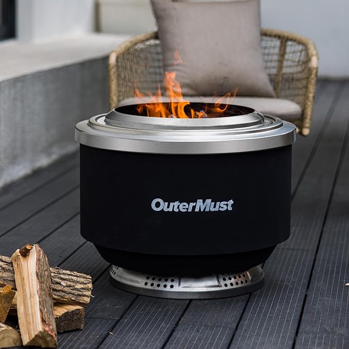 OuterMust 24 Inch Smokeless Fire Pit for Outside with Deck Safe Stand Wood Burning Outdoor Fireplace with Ash Pan for 5-7 Persons Stainless Steel Portable Bonfire for Patio, Deck, Backyard & Camping