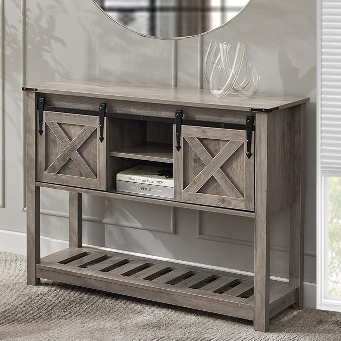 Farmhouse Living Room Table Set of 3, 2 Rustic End Table with Charging Station and 1 Sofa Table with Large Hidden Storage, Farmhouse Sofa Table Set for Living Room, Office, Grey