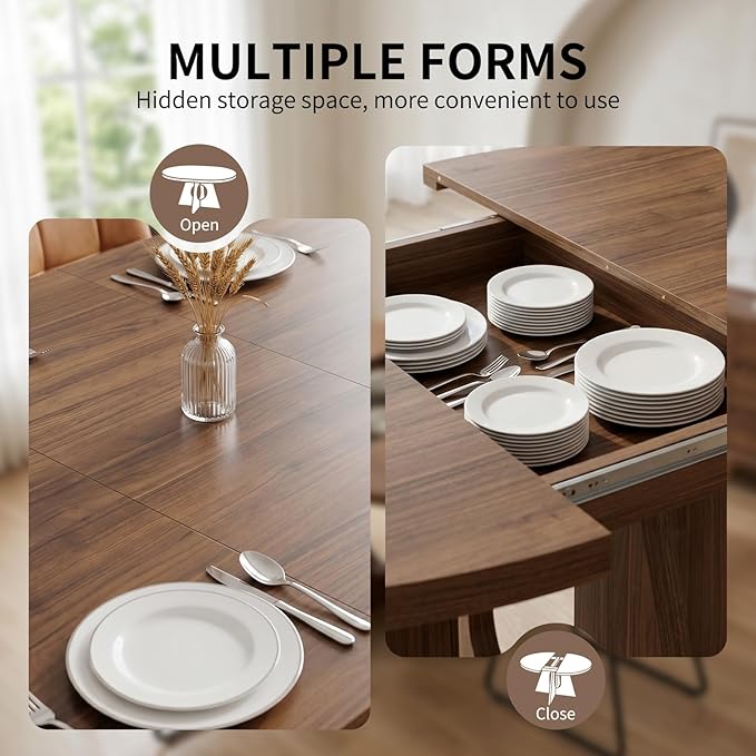 HIPIHOM Modern Round Expandable Dining Table Set for 6, 43.3"-59" Walnut Kitchen Table with 6 PU Leather Chairs, 7-Piece Mid-Century Dining Room Set