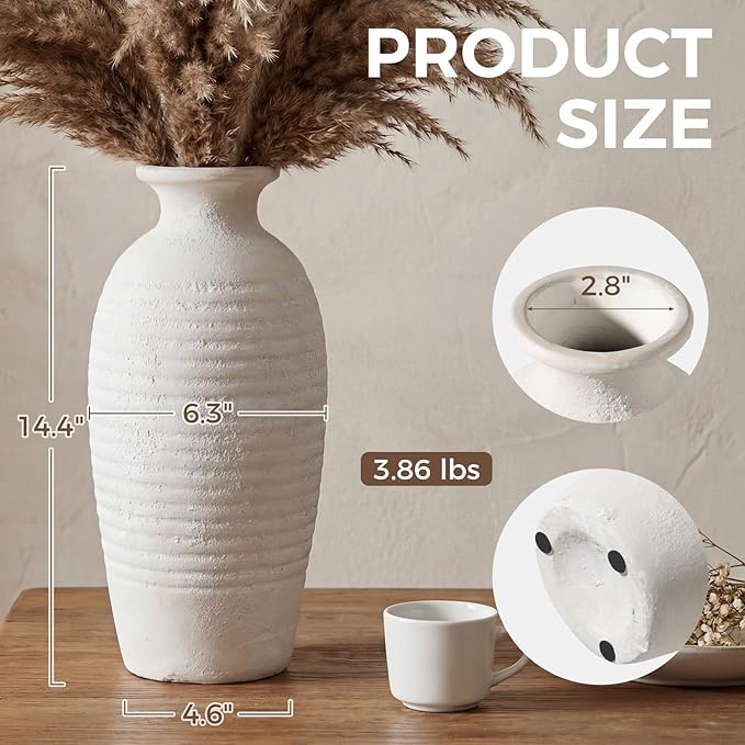 Rustic Ceramic Threaded White Vase, 14.4" H Tall Vases for Centerpieces,Handmade Large Decorative Vase for Living Room Decor,Vintage Farmhouse Pottery Flower Vase for Entryway Fireplace|Off-White