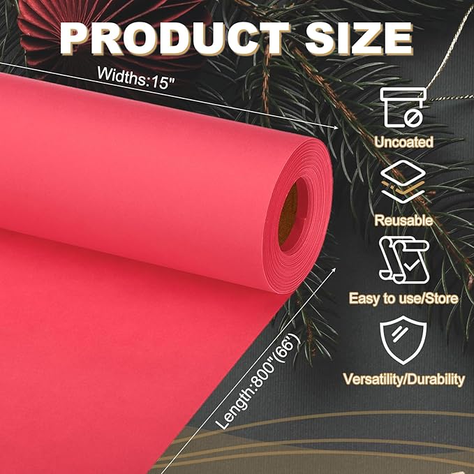 PATIKIL Wrapping Paper, 15"x800"(66') Bulletin Board Paper Roll Kraft Paper Roll Construction 80GSM for Shipping Packing Gift Wrapping Craft Flower Bouquet Christmas, Red