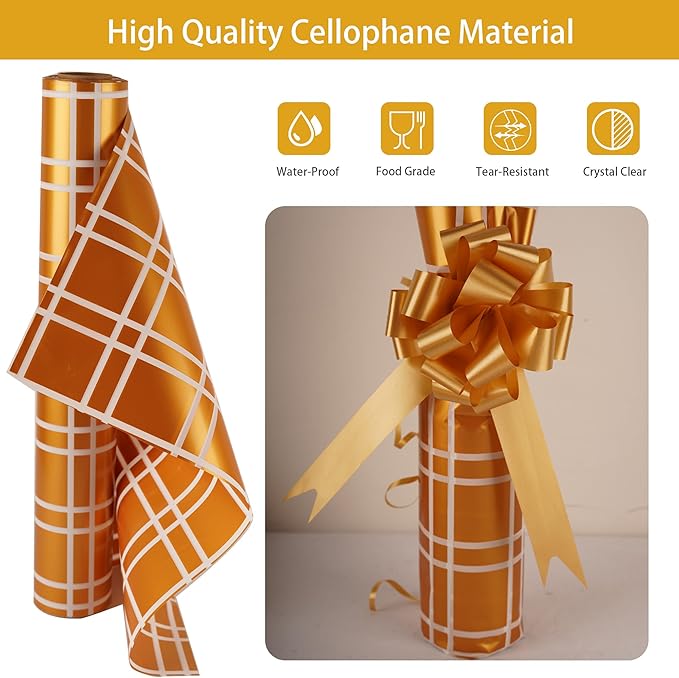 CMFYHM Christmas Cellophane Wrap Roll (34" x 100’Ft) 3 Mil Thicken Long Film Gift Wrappings for Autumn Thanksgiving Baskets, Box,Wine, Christmas Decor(Gold And White)