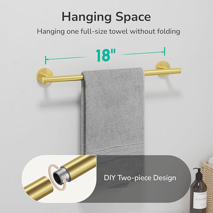 USHOWER Light Gold Towel Bar, 18-Inch Towel Racks for Bathroom Wall-Mounted, SUS304 Stainless Steel Towel Rod (Total Length 20-Inch)