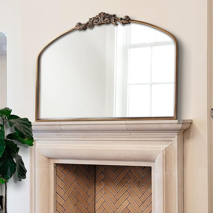 OUSHUAI Gold Arched Mirror,Baroque Brass Fireplace Mirror Decor, Victorian Vintage Mirrors with Full Matel Frame,Ornate Mirrors for Entryway/Bathroom/Living Room/Hallway 36"X30"
