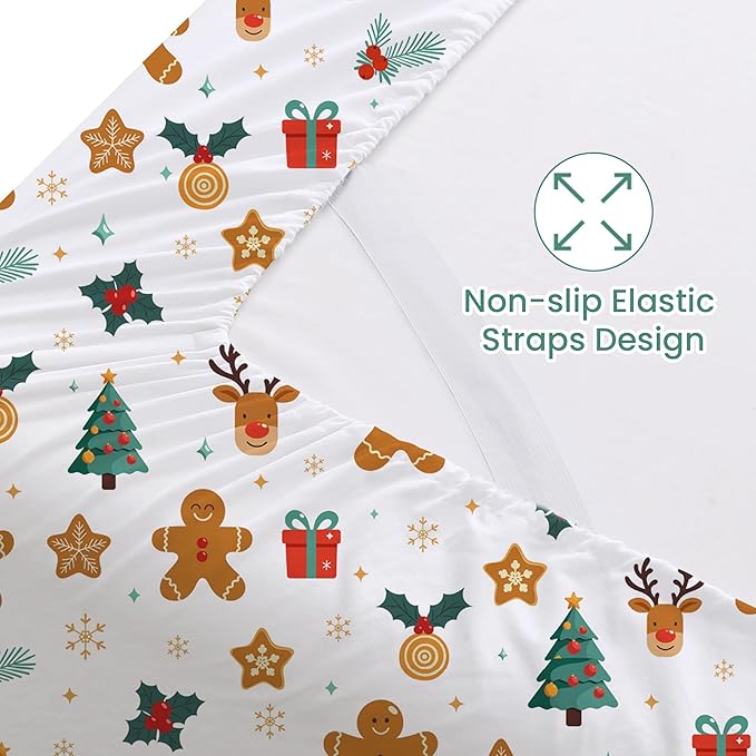 Softan Christmas Holiday Queen Size Sheet Set, Printed Microfiber Fitted Bed Sheet with 15" Deep Pocket & Non-Slip Straps, Snowflake Reindeer Patterned Sheets & Pillowcase Set