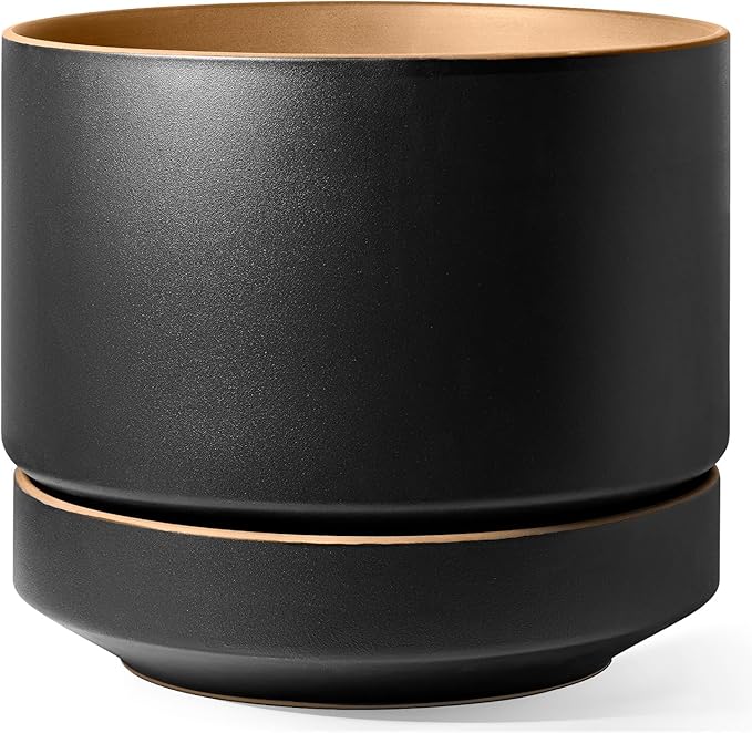 LE TAUCI 14 Inch Large Plant Pot with Saucer, Ceramic Outdoor & Indoor Big Planter with Drainage Hole, Mesh Pad & Plug Included, Matte Glazed Outside, Modern for Home and Patio, Obsidian Black & Ochre
