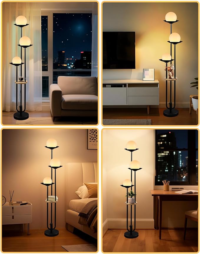 63IN Globe Floor Lamp with Table, 3-Lights Modern Dimmable Floor Lamps with 3000K Warm White Bulbs for Wedding/Party, Black Tall Standing Lamp with 5Lbs Heavy Base for Living Room/Bedroom