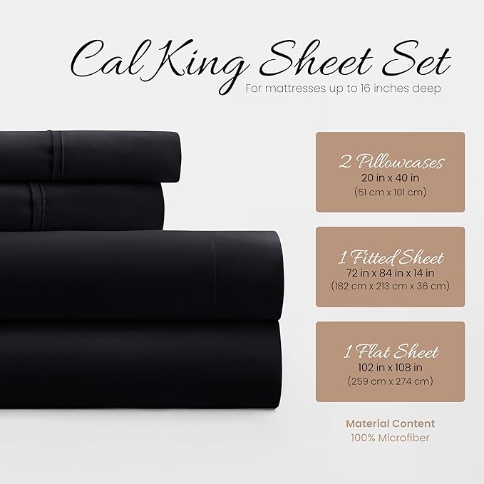Linen Market Bed Sheets for California King Size Bed (Black) - Sleep Better Than Ever with These Soft and Cooling California King Sheets - Deep Pocket Fits 16" Thick Beds - 4 Piece Cal Sheet Set