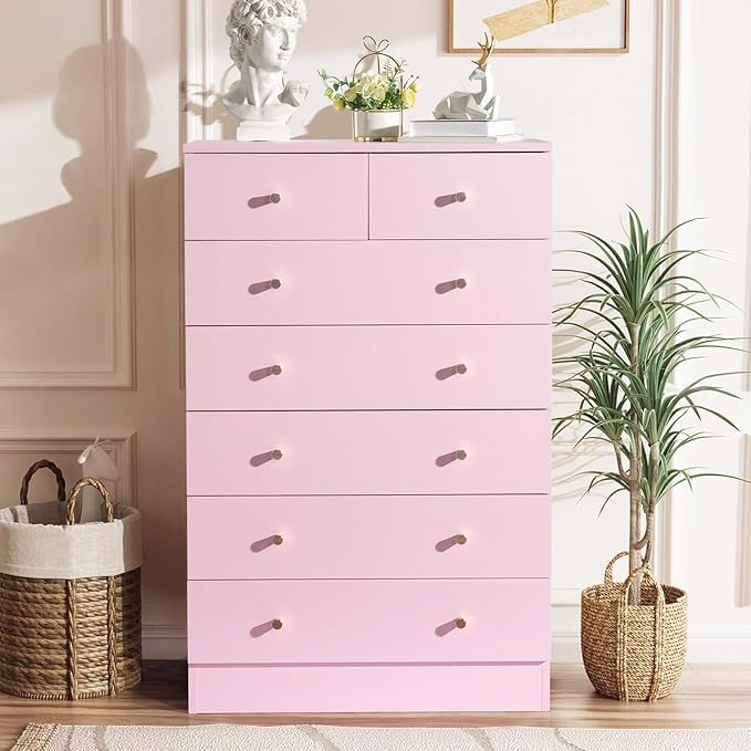 Karl home Pink 7 Drawer Dresser for Bedroom, Tall Dresser Chest of Drawers, Wood Pink Bedroom Dressers for Girls, Anti-Tipping Device, Rose Gold Metal Handle, Living Room, Entryway, Hallway, Office