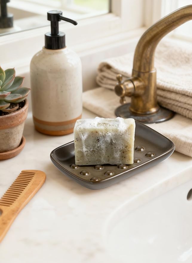 Miamolo Soap Dish for Shower, Ceramic Bar Soap Holder, Soap Saver Non-Slip, Decorative Sponge Tray for Bathroom Kitchen Sink Bathtub, Multi-Purpose, Raised Pattern - Keep Soap Dry, Brown